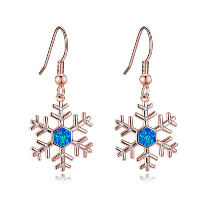 Women's Snowflake Hexagon Blue Opal & Zirconia Dangle Hook Earrings