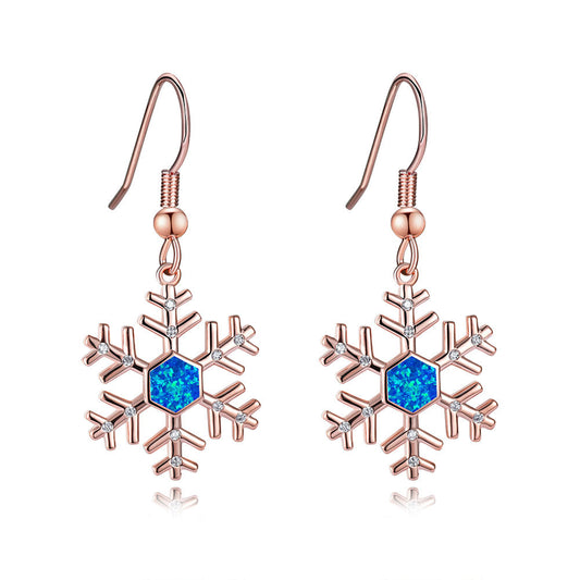 Women's Snowflake Hexagon Blue Opal & Zirconia Dangle Hook Earrings