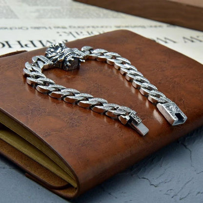 Men's Vintage Crown Lion Head Engraved Curb Bracelet
