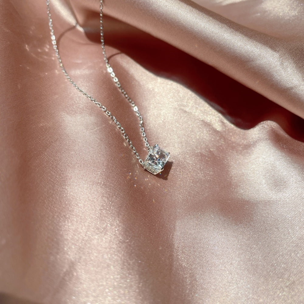 Women's Luxury Pendant Necklace, Rectangle Shape Crushed Ice Cut Colorless Zirconia Inlay, S925 with White Gold Plating