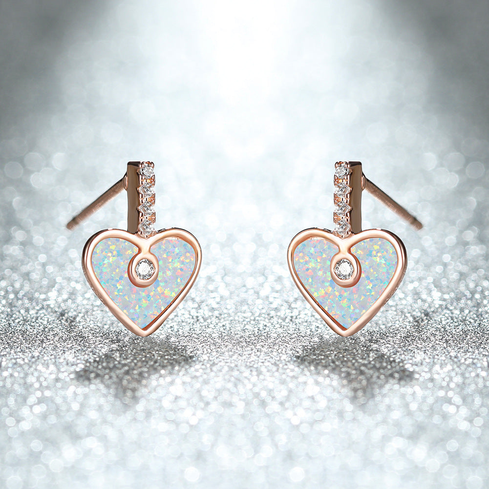 Women's Heart‑Shape Stud Earrings, Paved Zirconia With White Opal / Blue Opal Inlay, with White Gold Plating / Rose Gold Plating