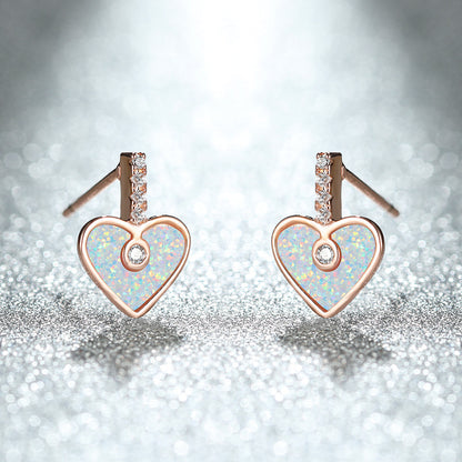 Women's Heart‑Shape Stud Earrings, Paved Zirconia With White Opal / Blue Opal Inlay, with White Gold Plating / Rose Gold Plating