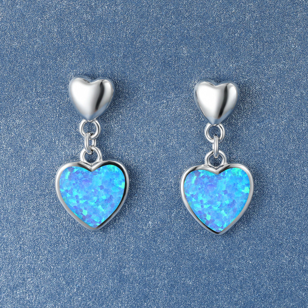 Women's Heart Dangle Earrings Inlaid With Blue & White Opal, with White Gold Plating