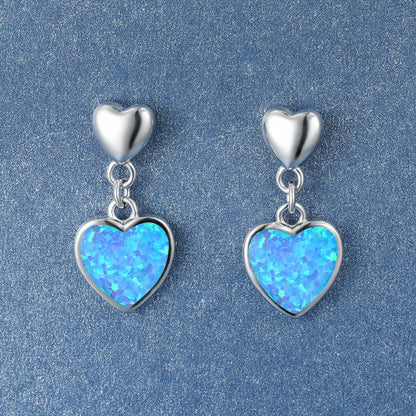 Women's Heart Dangle Earrings Inlaid With Blue & White Opal, with White Gold Plating