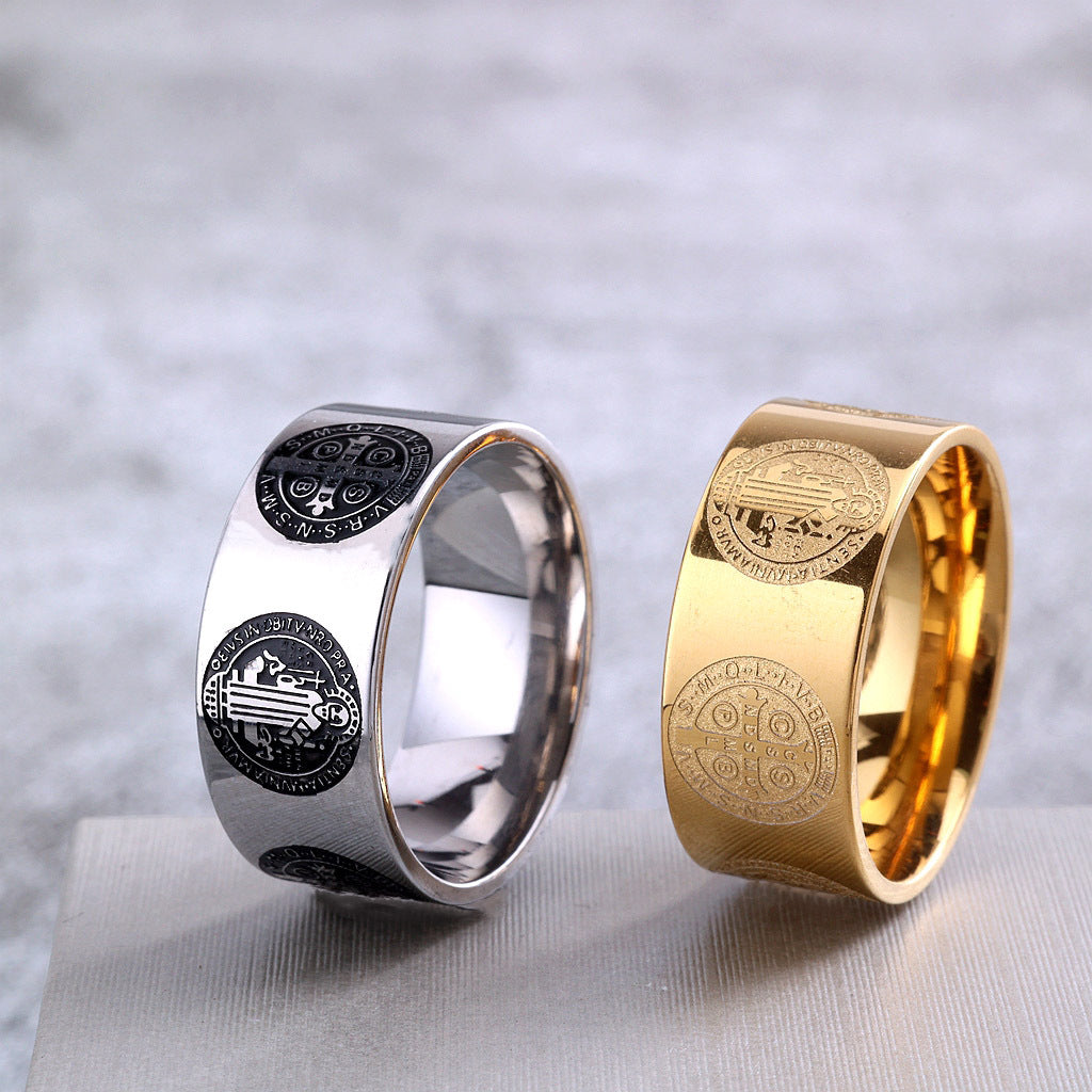 Vintage Polished Stainless Steel Saint Benedict Exorcism Cross Pattern Ring for Men