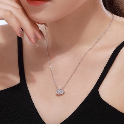 Women's Dual Main Stone Pendant Necklace, Rectangle & Heart Shape Zirconia Inlay, S925 with White Gold Plating