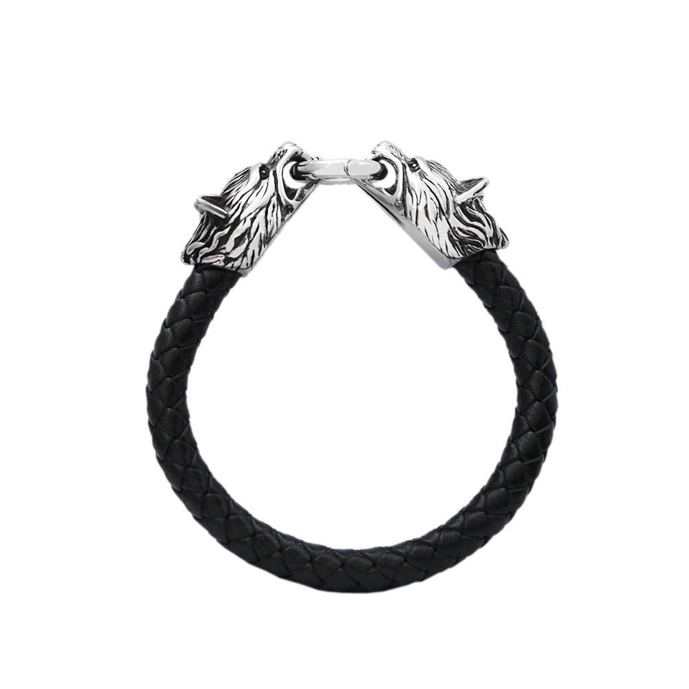 Men's New European Viking Wolf Head Titanium Steel Handmade Leather Cord Bracelet, Creative Personality Wristband Bangle