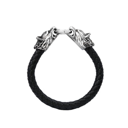 Men's New European Viking Wolf Head Titanium Steel Handmade Leather Cord Bracelet, Creative Personality Wristband Bangle