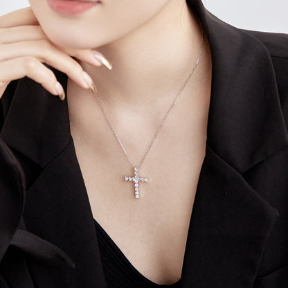 Women's Minimalist Cross Pendant Necklace, Heart Shape Zirconia Inlay, S925 with White Gold Plating
