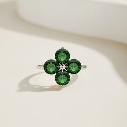 Women's S925 Silver White Gold Tone Ring, Green Round Zircon Inlaid Clover Eight-Pointed Star Ladies Ring