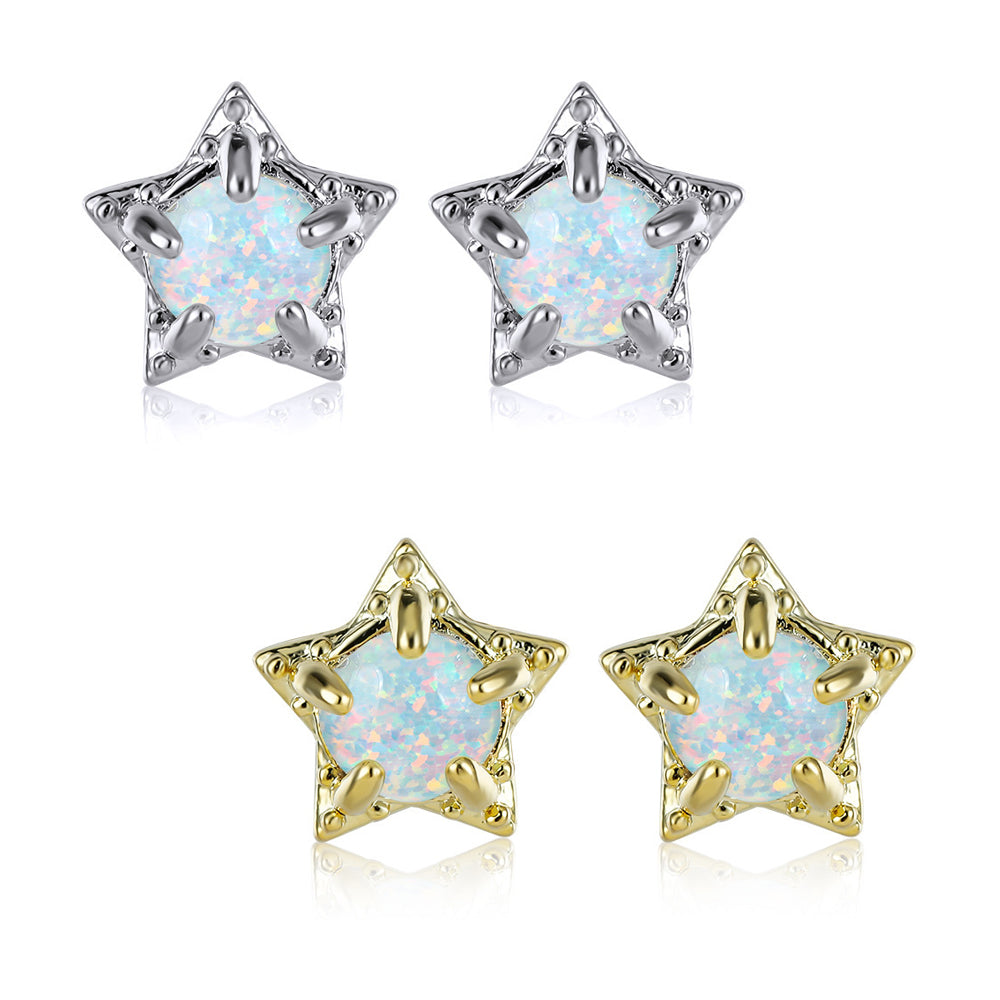 Women's Star‑Shape Prong‑Set White Opal Stud Earrings, with White Gold Plating / Gold Plating