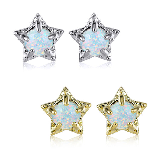 Women's Star‑Shape Prong‑Set White Opal Stud Earrings, with White Gold Plating / Gold Plating