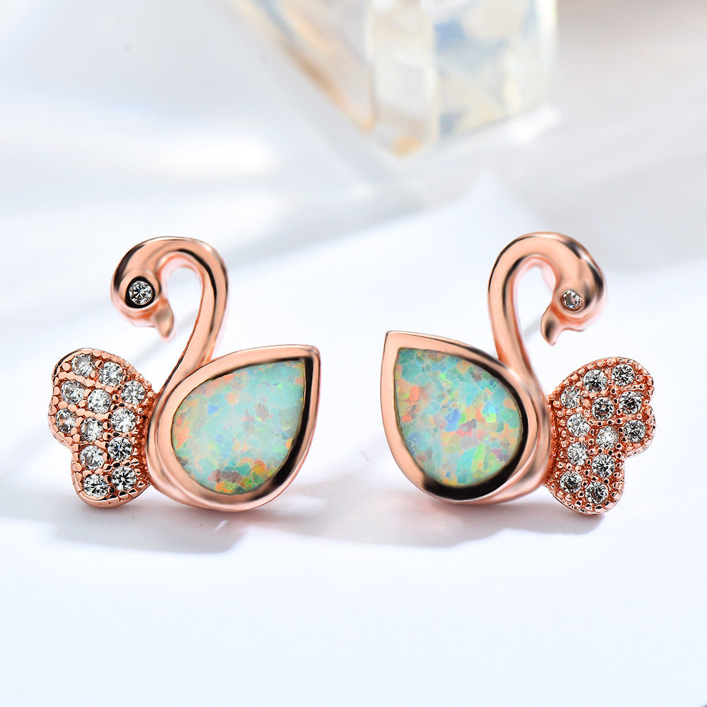 Women's Exquisite Rose‑Gold Plating Swan‑Shape Zirconia Inlaid Blue / White Opal Stud Earrings
