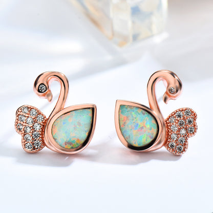 Women's Exquisite Rose‑Gold Plating Swan‑Shape Zirconia Inlaid Blue / White Opal Stud Earrings