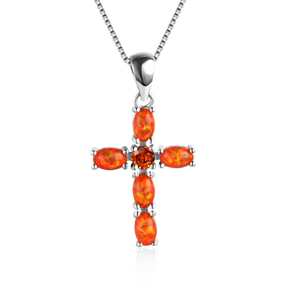 Cross-shaped Opal  gemstone necklace