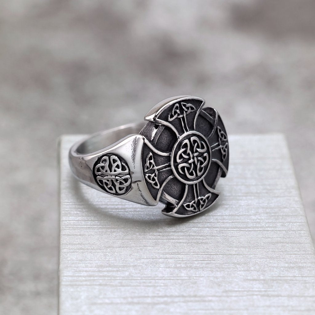 Vintage European American Solid Stainless Steel Viking Celtic Shield Round Ring for Men