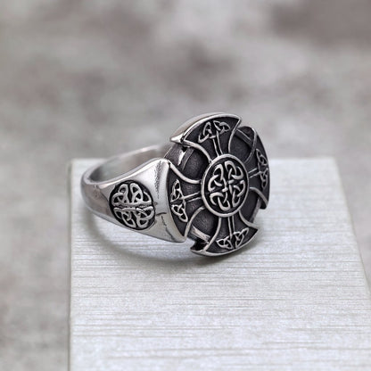 Vintage European American Solid Stainless Steel Viking Celtic Shield Round Ring for Men