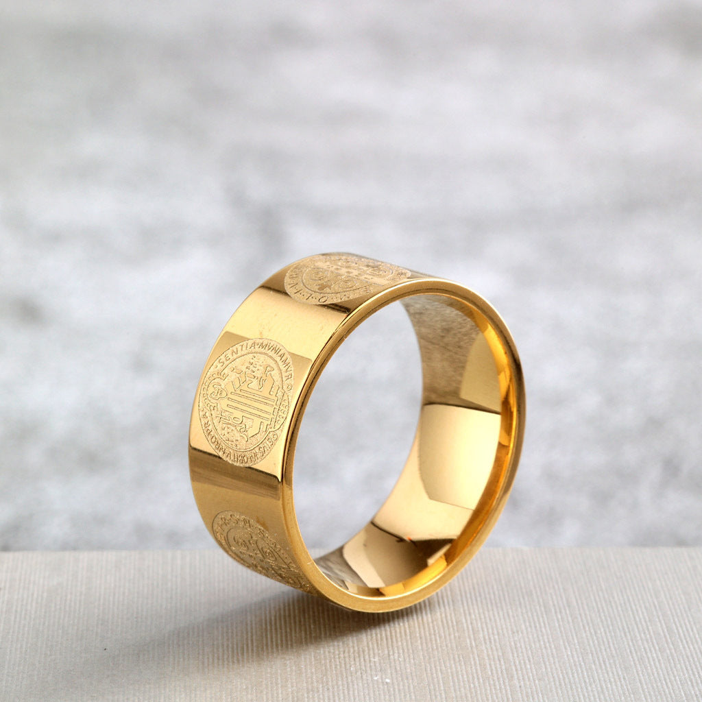 Vintage Polished Stainless Steel Saint Benedict Exorcism Cross Pattern Ring for Men