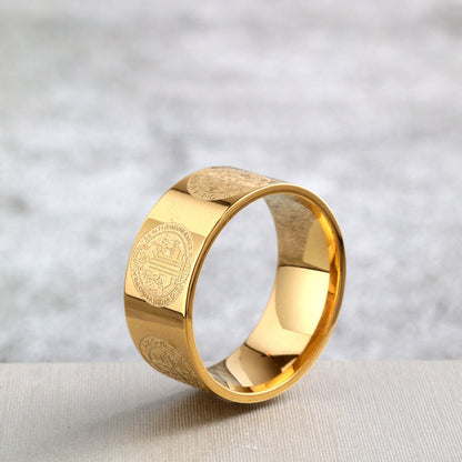 Vintage Polished Stainless Steel Saint Benedict Exorcism Cross Pattern Ring for Men