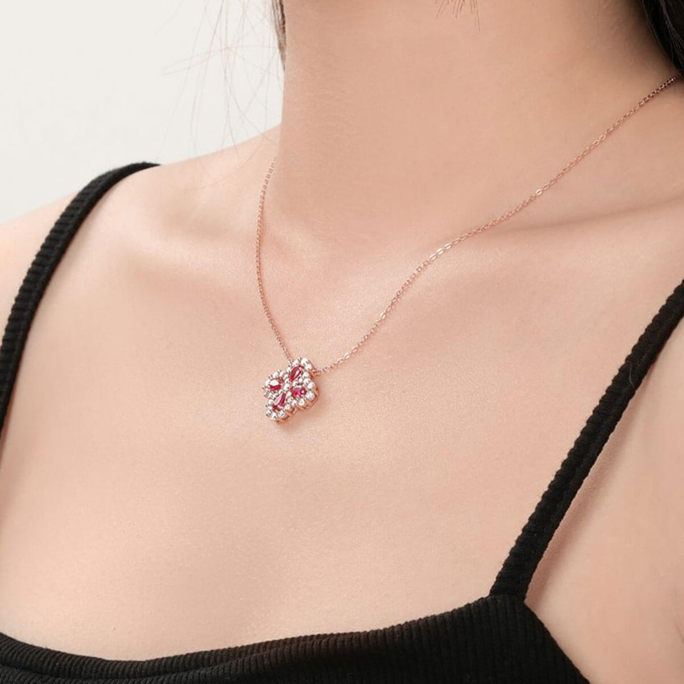Women's Sterling Silver Hollow Four-leaf Clover Ruby Sapphire Pendant