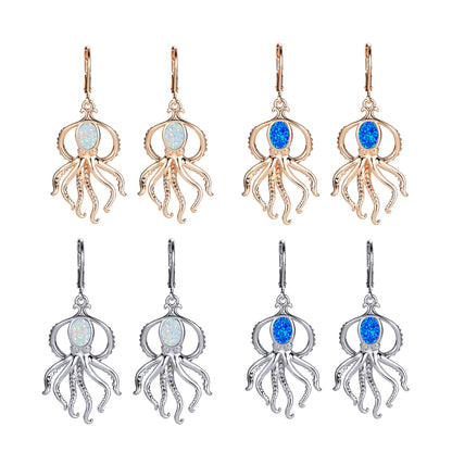 Women's Octopus‑Shape Oval Opal & Zirconia Leverback Dangle Earrings, with Champagne Gold Plating / White Gold Plating