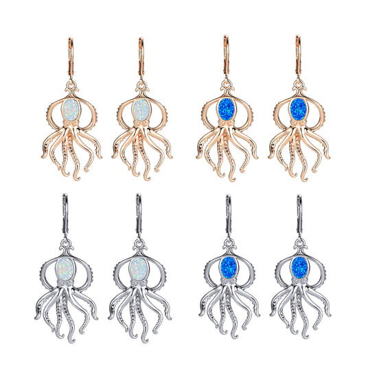 Women's Octopus‑Shape Oval Opal & Zirconia Leverback Dangle Earrings, with Champagne Gold Plating / White Gold Plating