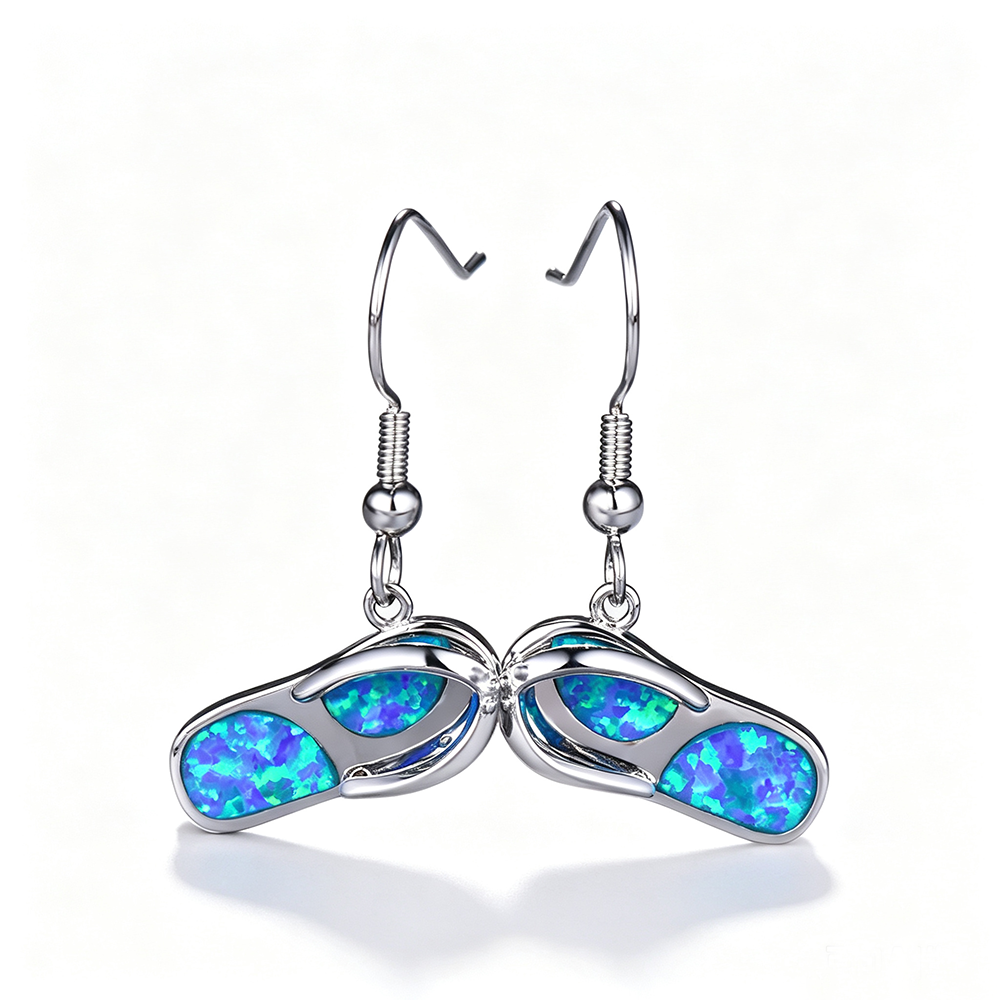 Women's Flip‑Flop Shape Opal Dangle Earrings, Blue Opal / White Opal