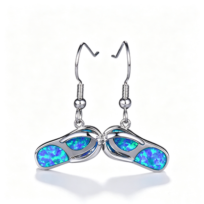 Women's Flip‑Flop Shape Opal Dangle Earrings, Blue Opal / White Opal
