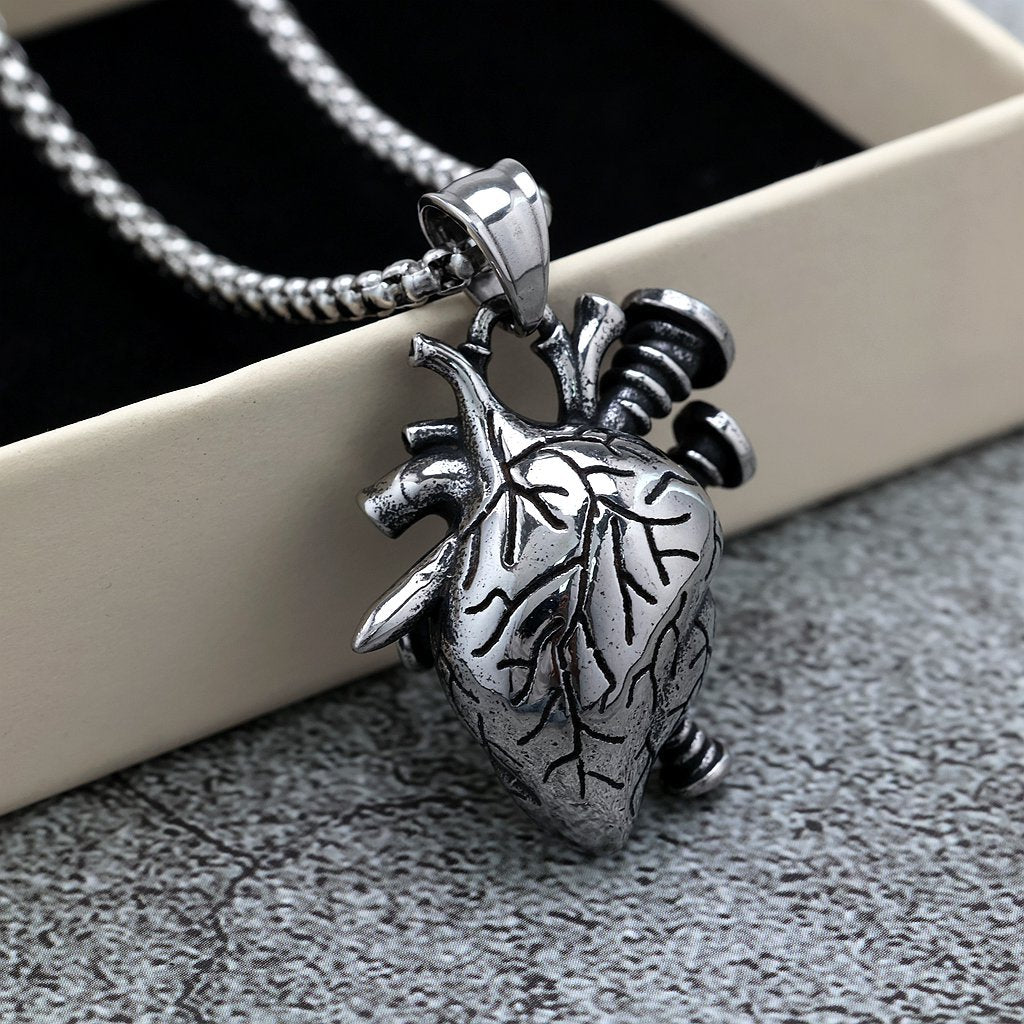 Vintage Stainless Steel Men's Screw Heart Pendant Necklace