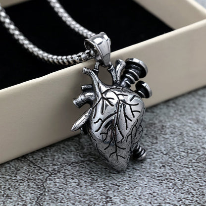 Vintage Stainless Steel Men's Screw Heart Pendant Necklace