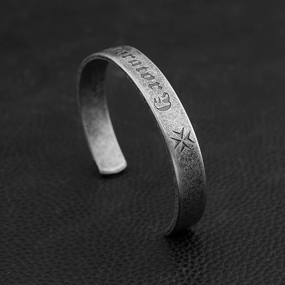 Vintage Stainless Steel Open C Men Bracelet Embossed Sanskrit Heart Sutra Viking Style Bangle