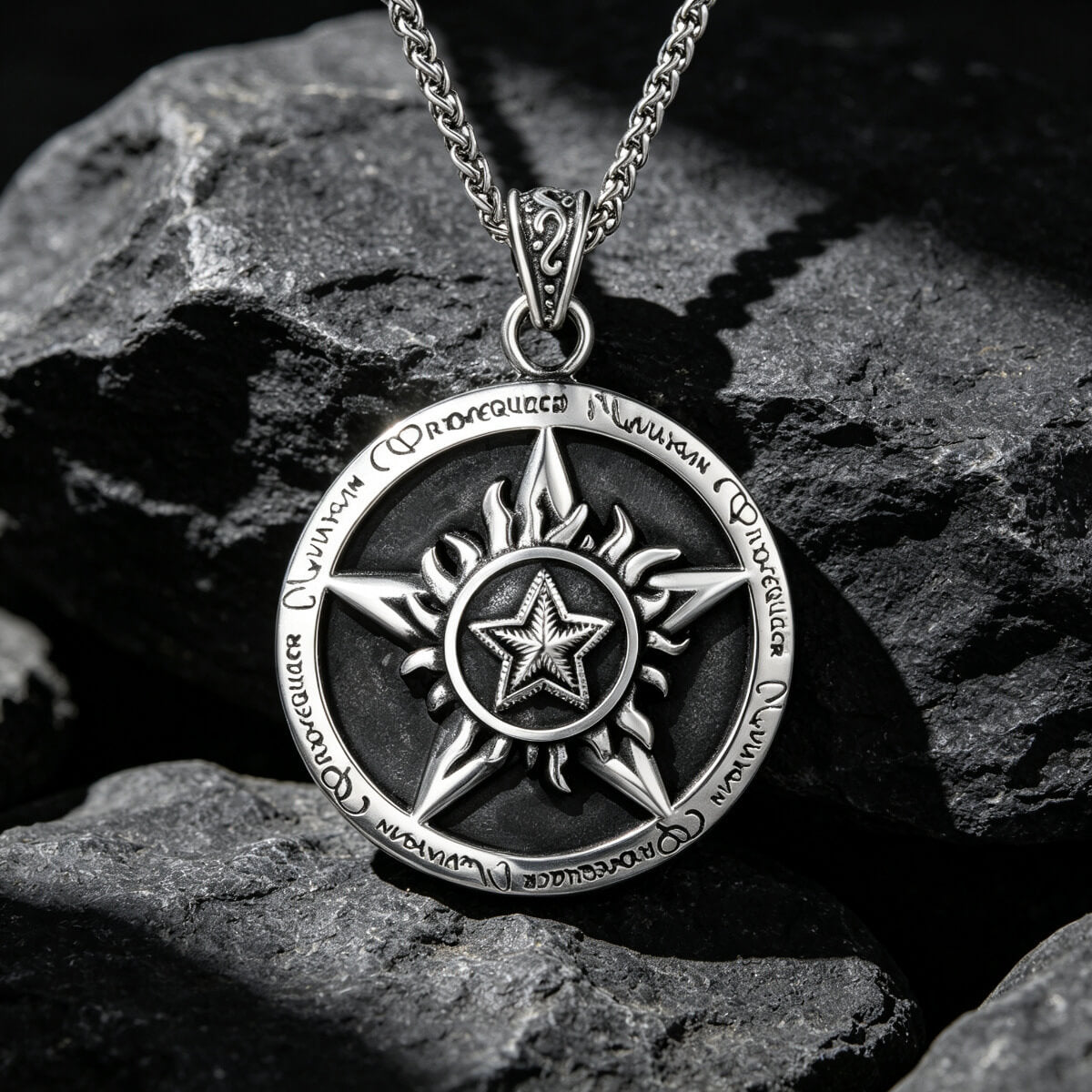 Men's Steel Vintage Pentagram Sun Pattern Round Pendant Necklace