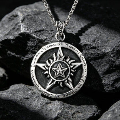 Men's Steel Vintage Pentagram Sun Pattern Round Pendant Necklace
