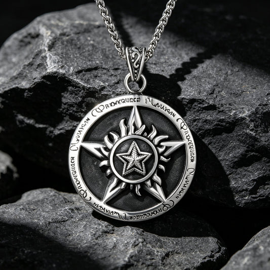 Men's Steel Vintage Pentagram Sun Pattern Round Pendant Necklace