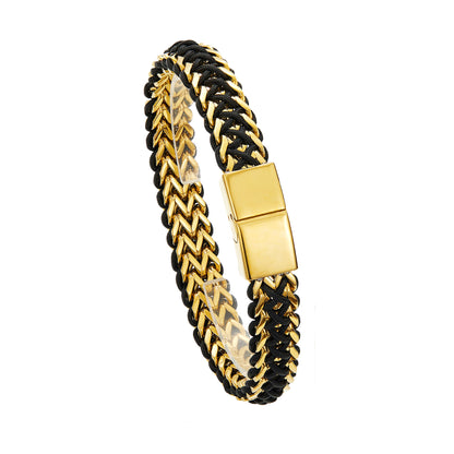 Gold Tone Double Row Welded Square Polished Stainless Steel Braided Bracelet for Men, Magnetic Clasp Wrist Chain