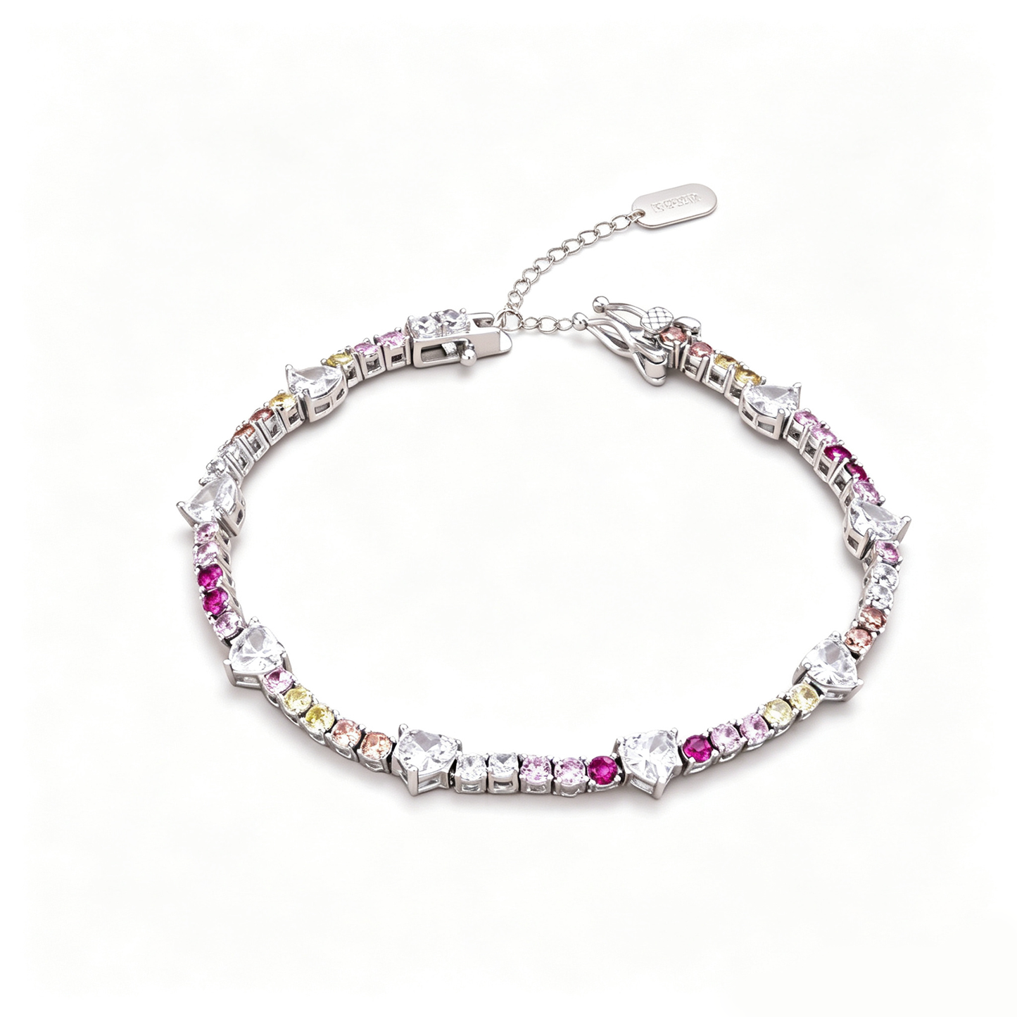 Women's High‑End Tennis Bracelet, Multicolor Mixed Heart & Round Zirconia Inlay With Extension Chain, S925 with White Gold Plating