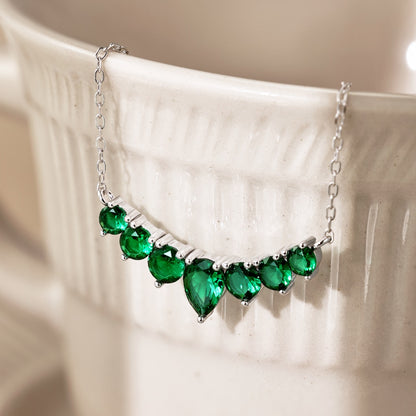 Women's Teardrop Heart Pendant Necklace, Inlaid Emerald Green Sapphire, S925 with White Gold Plating