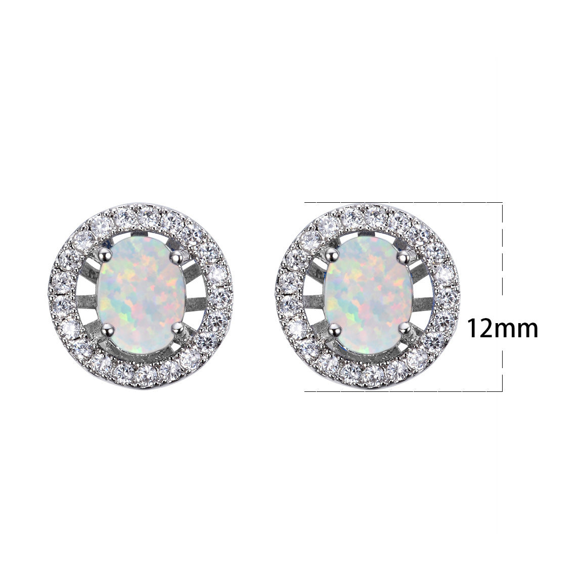 Women's Oval Halo Round Zirconia Stud Earrings, Inlaid with Blue Opal & White Opal, with White Gold Plating