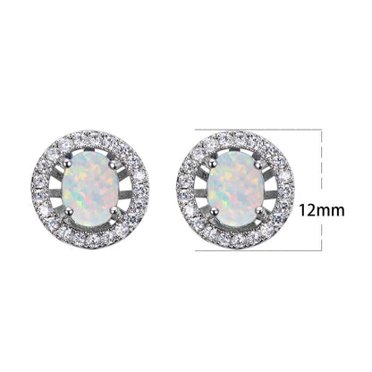 Women's Oval Halo Round Zirconia Stud Earrings, Inlaid with Blue Opal & White Opal, with White Gold Plating