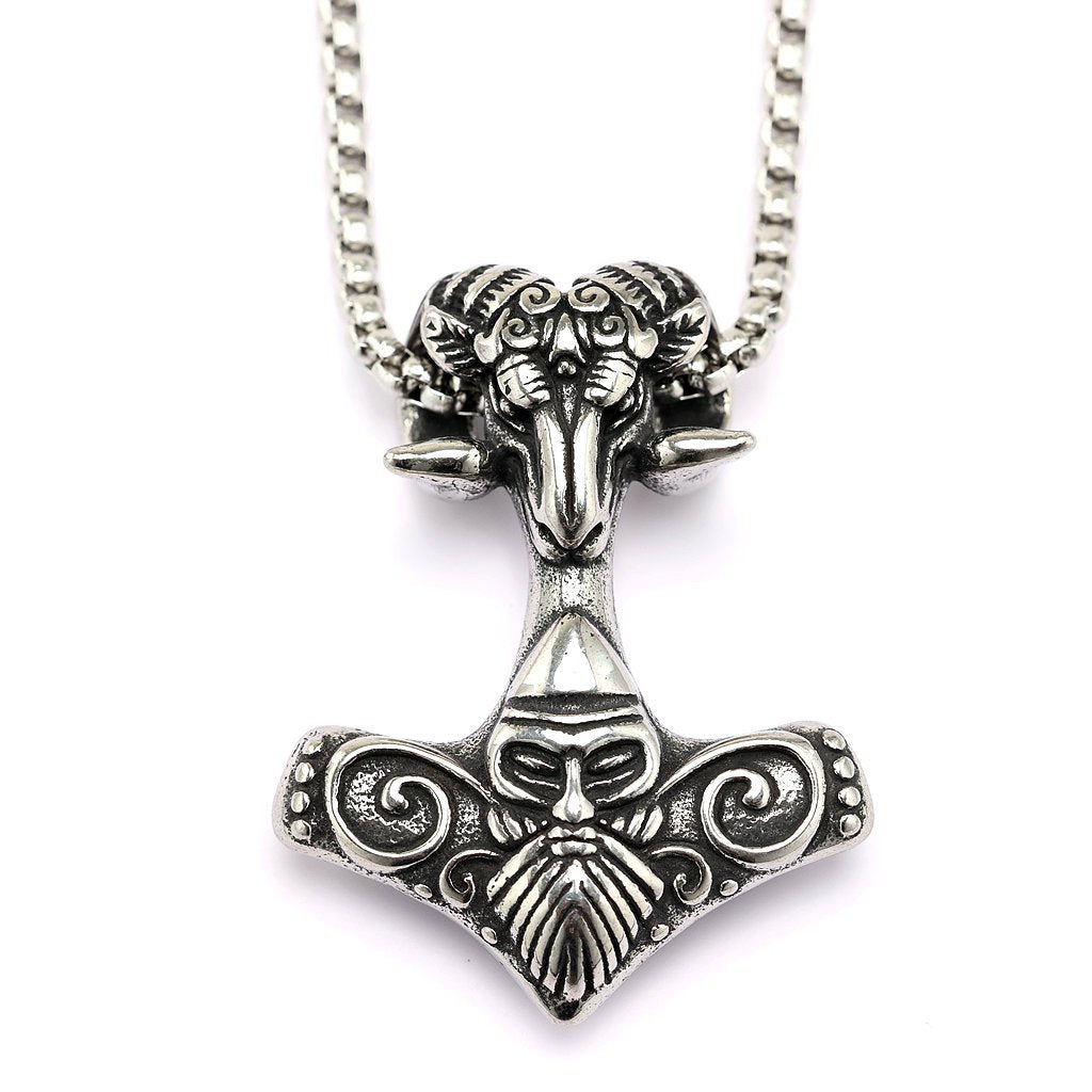 Vintage Stainless Steel Viking Pattern Goat Head Hammer Pendant Necklace for Men