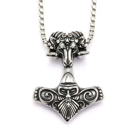 Vintage Stainless Steel Viking Pattern Goat Head Hammer Pendant Necklace for Men