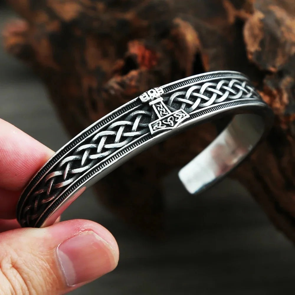 Men's Vintage Viking Celtic Knot Stainless Steel Open C Cuff Bracelet, Punk Mjolnir Thor's Hammer Retro Adjustable Bangle