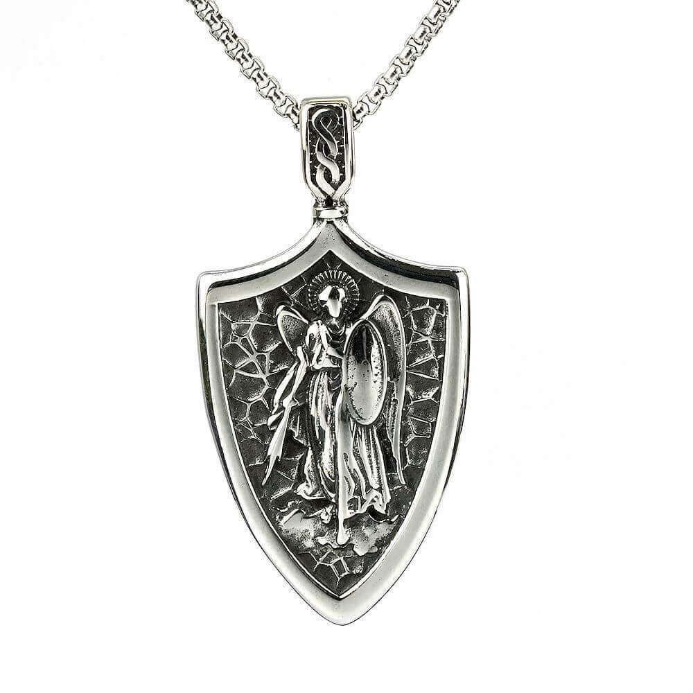 Vintage Stainless Steel Men's Shield St. Michael Angel Pendant Necklace