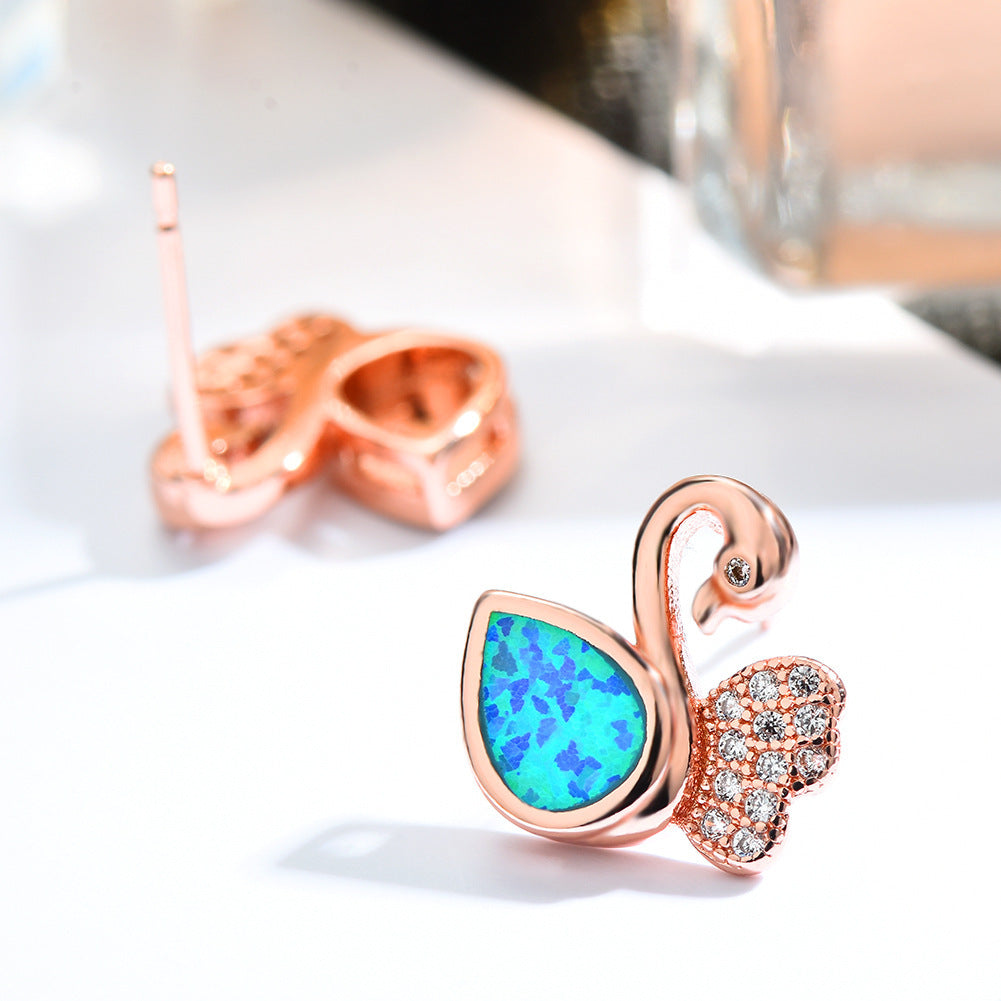 Women's Swan‑Shape Teardrop Opal & Paved Zirconia Stud Earrings, with Rose Gold Plating