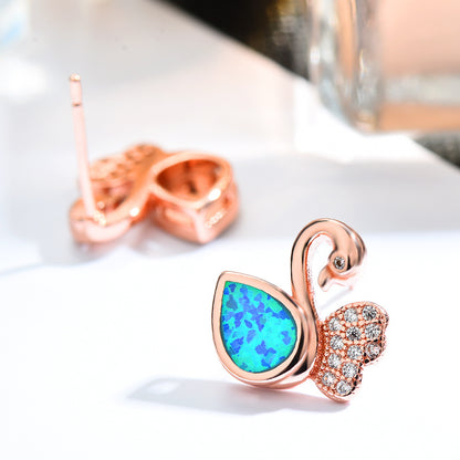 Women's Swan‑Shape Teardrop Opal & Paved Zirconia Stud Earrings, with Rose Gold Plating