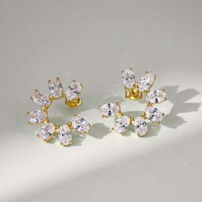 Women's Sunflower Hoop Earrings, Paved Oval Zirconia, S925 with 18K Gold Plating