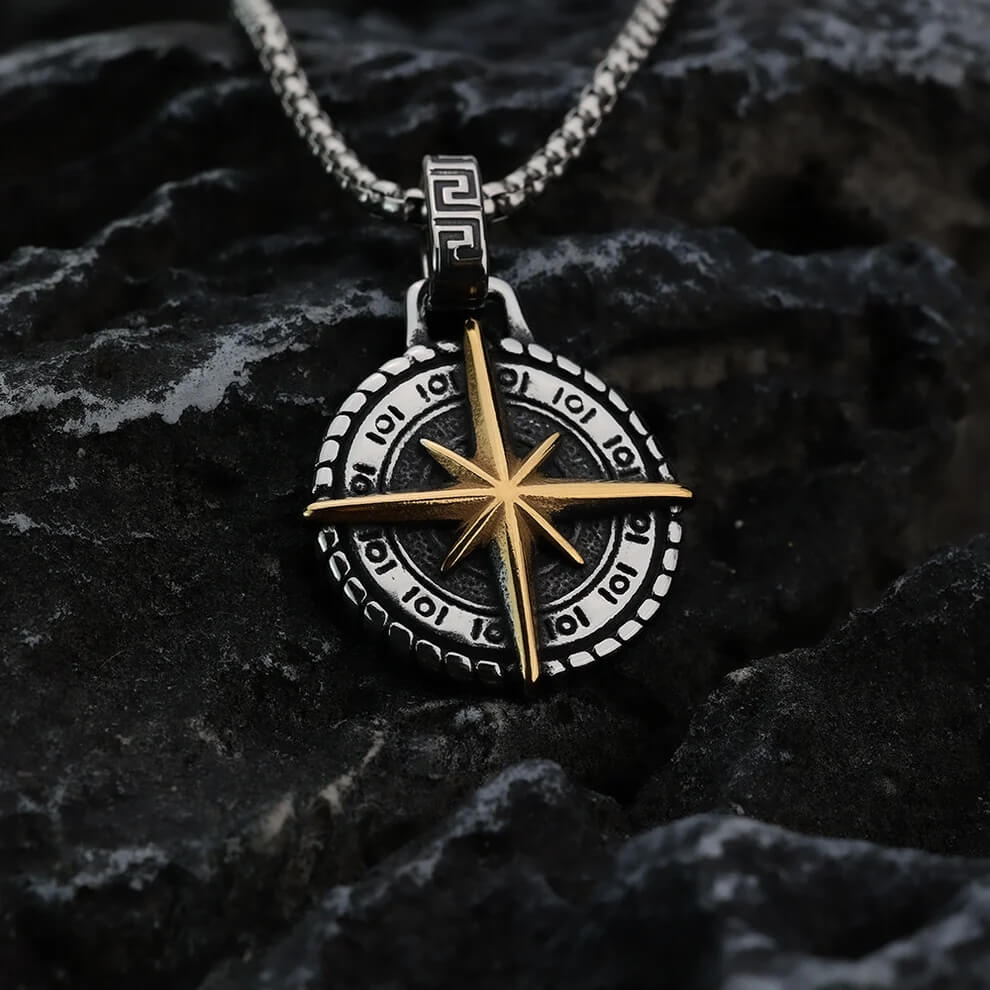 Vintage Stainless Steel Hexagram Compass Pendant Necklace for Men
