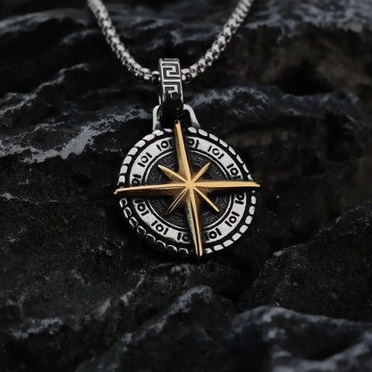 Vintage Stainless Steel Hexagram Compass Pendant Necklace for Men