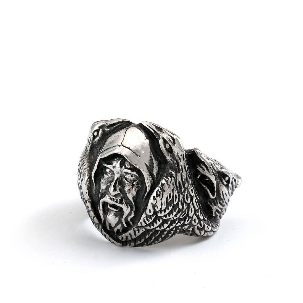 Vintage Stainless Steel Biker Viking Odin Raven Wolf Head Ring for Men