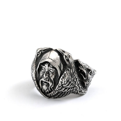 Vintage Stainless Steel Biker Viking Odin Raven Wolf Head Ring for Men
